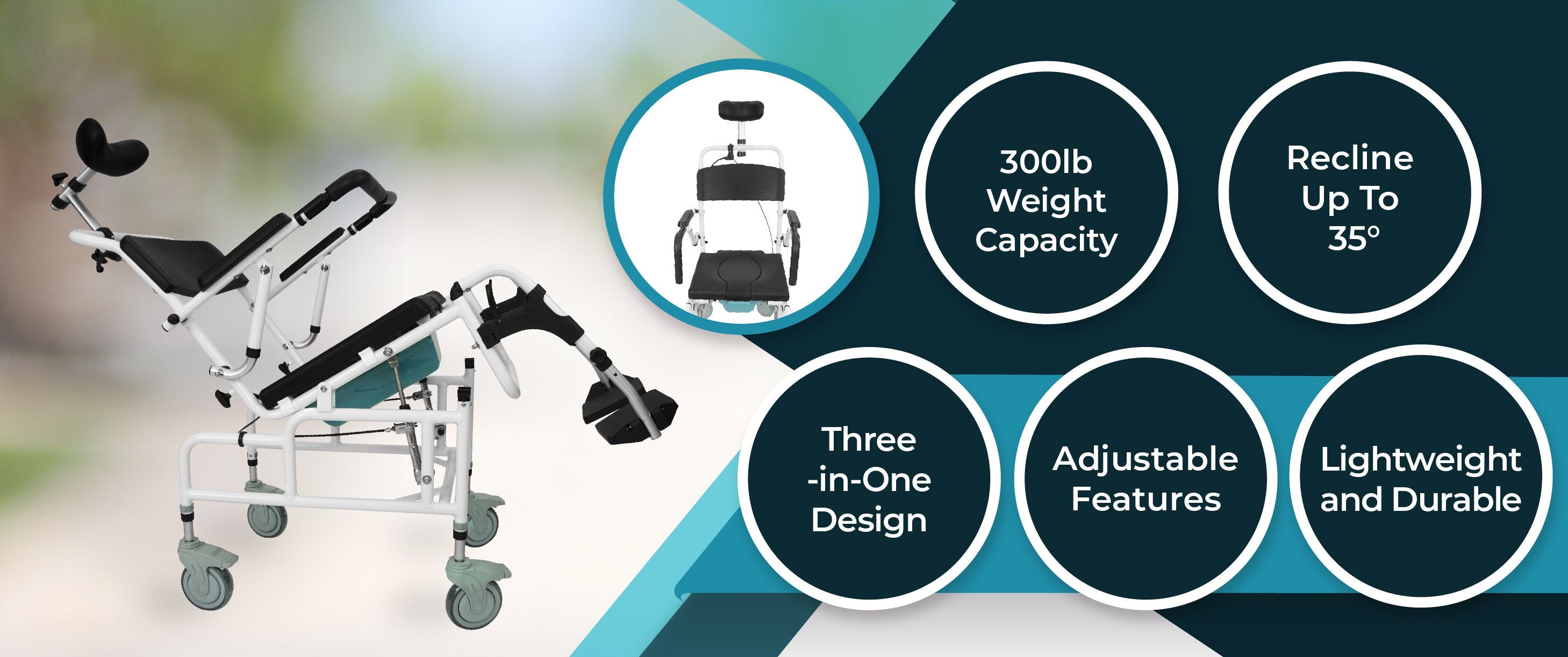 Reclining Shower Commode Transport Chair